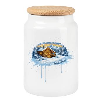 Winter mountain hut in the snow – Alpine winter idyll - Cookie Jar with Wooden Lid - white - Front
