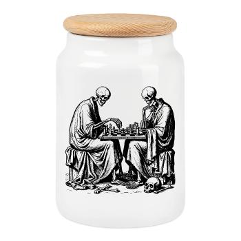 Skelette spielen Schach - Keksdose mit Holzdeckel - Weiß - Vorne