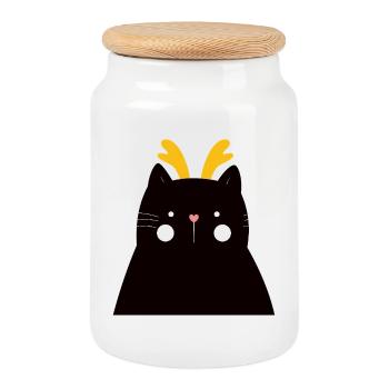 Schwarze Katze mit goldenen Geweihen - Keksdose mit Holzdeckel - Weiß - Vorne