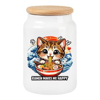 Kawaii Katze Ramen Nudeln Anime Katze - Keksdose mit Holzdeckel - Weiß - Vorne