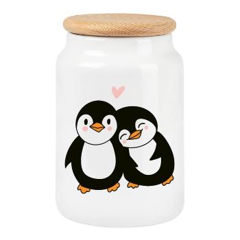 Love Penguin - Illustration d’animaux romantiques mignons - Boîte à biscuits avec couvercle en bois - blanc - Devant