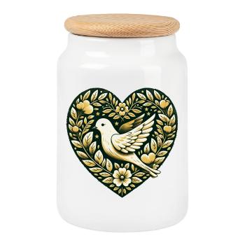 Goldene Taube im Floral Heart - Keksdose mit Holzdeckel - Weiß - Vorne