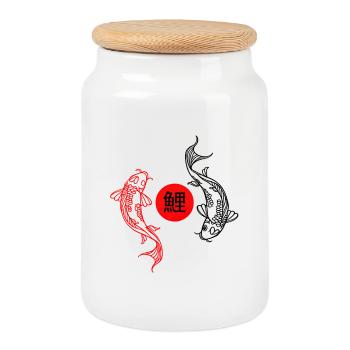Koi in the red Zen circle - Cookie Jar with Wooden Lid - white - Front