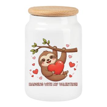 Süßes Faultier Hanging with my Valentine Herz - Keksdose mit Holzdeckel - Weiß - Vorne