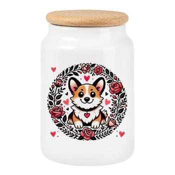 Cercle de cœurs floraux de corgi - Boîte à biscuits avec couvercle en bois - blanc - Devant