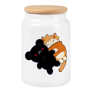 Design anime : chat rouge mignon avec un ours en peluche - Boîte à biscuits avec couvercle en bois - blanc - Devant