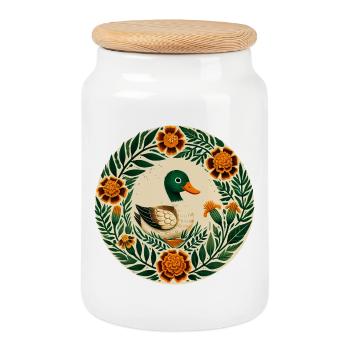 Canard dans la couronne florale Art populaire - Boîte à biscuits avec couvercle en bois - blanc - Devant