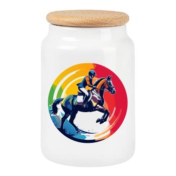 Rainbow Show Jumping Horse Show Jumping Motif - Cookie Jar with Wooden Lid - white - Front