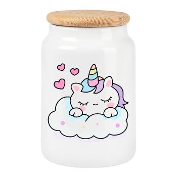 Sleeping Unicorn Kawaii – Cute Valentine Design - Cookie Jar with Wooden Lid - white - Front