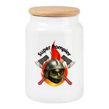 A flaming firefighter's helmet and axes - Cookie Jar with Wooden Lid - white - Front