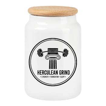Herculean Grind – Antique Fitness & Bodybuilding - Cookie Jar with Wooden Lid - white - Front