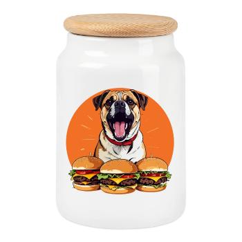 Fröhlicher Hund Burgerparade lustiges Hunde Motiv - Keksdose mit Holzdeckel - Weiß - Vorne