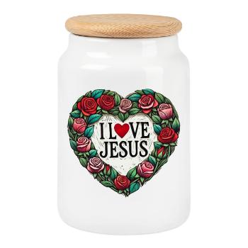 I Love Jesus Floral Heart - Cookie Jar with Wooden Lid - white - Front