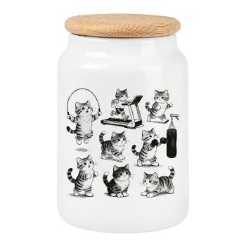 Retro Fitness Cat – Soulevé de terre vintage de salle de sport - Boîte à biscuits avec couvercle en bois - blanc - Devant