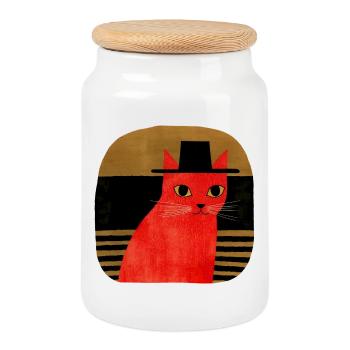 Red Cat with Hat Retro Art - Cookie Jar with Wooden Lid - white - Front