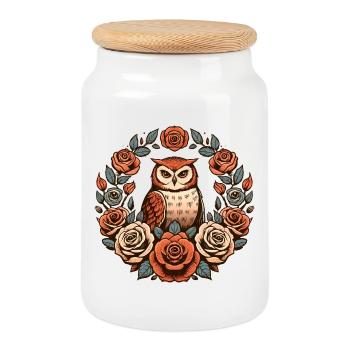 Cercle floral de la chouette dans les roses - Boîte à biscuits avec couvercle en bois - blanc - Devant