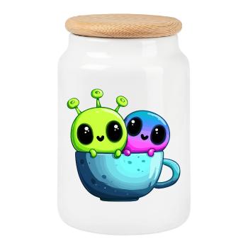 Petit couple extraterrestre dans une tasse à thé - Boîte à biscuits avec couvercle en bois - blanc - Devant