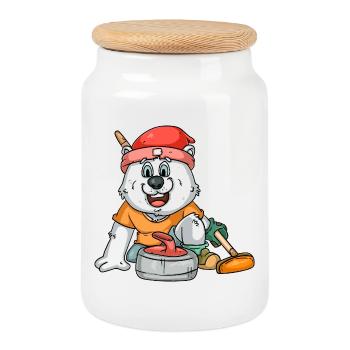 Curling player polar bear - Cookie Jar with Wooden Lid - white - Front