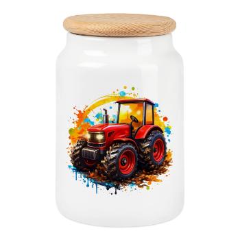 Roter Traktor mit Farbspritzern  - Keksdose mit Holzdeckel - Weiß - Vorne