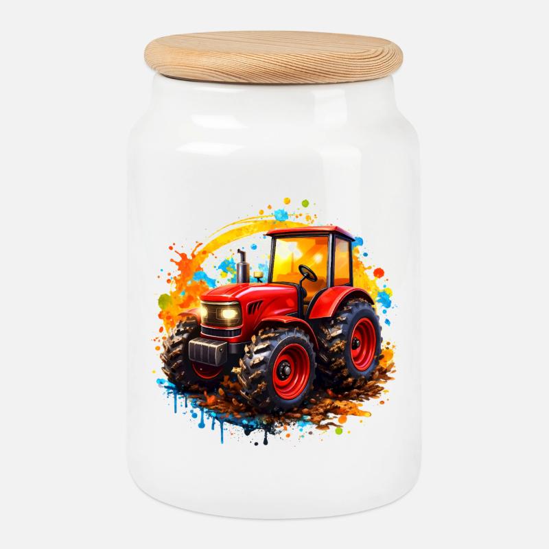 Roter Traktor mit Farbspritzern  - Keksdose mit Holzdeckel - Weiß