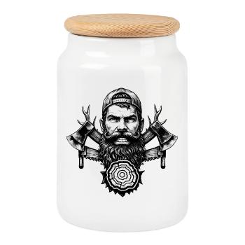 Lumberjack with beard, axes and tree trunk - Cookie Jar with Wooden Lid - white - Front