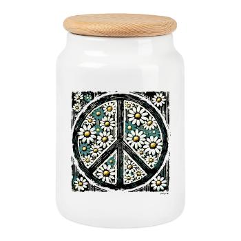 Daisy Peace Floral Emblem - Cookie Jar with Wooden Lid - white - Front