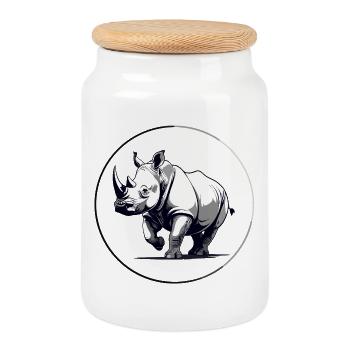 Proud Rhino Black and White Drawing Rhino Motif - Cookie Jar with Wooden Lid - white - Front