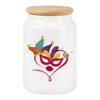 Masque de carnaval avec des plumes colorées - Boîte à biscuits avec couvercle en bois - blanc - Devant