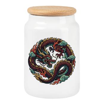 Circling Fire Dragon Cool Dragon Fire Motif - Cookie Jar with Wooden Lid - white - Front