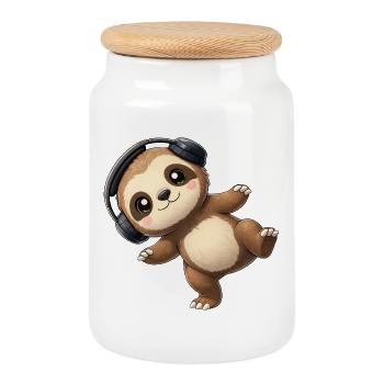 Cute sloth cartoon with headphones music dancing - Cookie Jar with Wooden Lid - white - Front