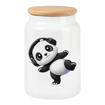 Cute panda with headphones dancing music techno - Cookie Jar with Wooden Lid - white - Front