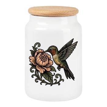 Hummingbird with Rose Vintage Tattoo - Cookie Jar with Wooden Lid - white - Front