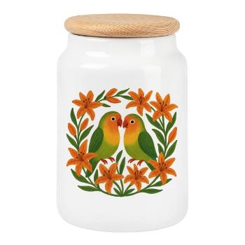 Lovebirds in Orange Lily Frame - Cookie Jar with Wooden Lid - white - Front