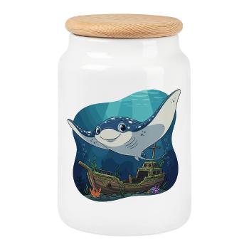Underwater Manta over the shipwreck - Cookie Jar with Wooden Lid - white - Front