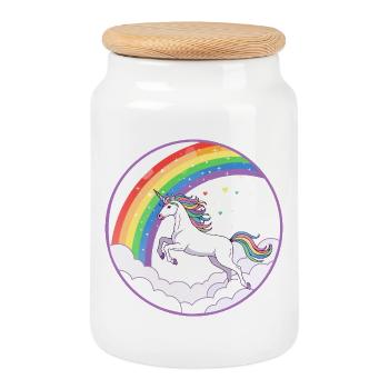Regenbogen Einhorn über Wolken Herzchen Motiv - Keksdose mit Holzdeckel - Weiß - Vorne
