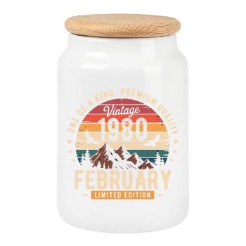 Février 1980 Anniversaire Vintage Février 1980 - Boîte à biscuits avec couvercle en bois - blanc - Devant