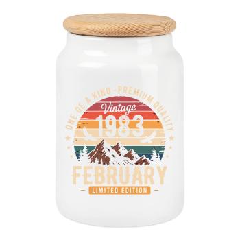 February 1983 Vintage Birthday February 1983 - Cookie Jar with Wooden Lid - white - Front
