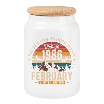 Février 1986 Anniversaire Vintage Février 1986 - Boîte à biscuits avec couvercle en bois - blanc - Devant