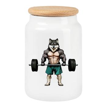 Wölfe Fitness Langhantel - Keksdose mit Holzdeckel - Weiß - Vorne