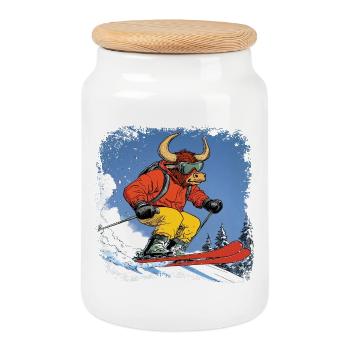 Ski Stier - Keksdose mit Holzdeckel - Weiß - Vorne
