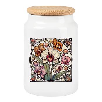 Orchideen-Buntglas-Kreis - Keksdose mit Holzdeckel - Weiß - Vorne