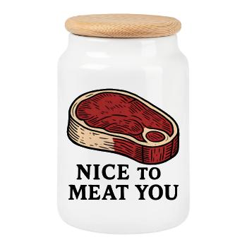 Nice to Meat You Steak Design - Cookie Jar with Wooden Lid - white - Front