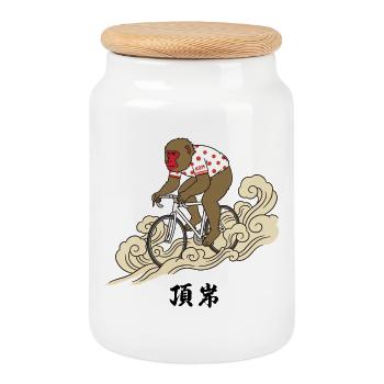 KOM Monkey Cyclist sur les vagues qui se montent - Boîte à biscuits avec couvercle en bois - blanc - Devant