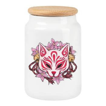 Tolle Kitsune Inari Kabuki Maske mit Kirschblüten - Keksdose mit Holzdeckel - Weiß - Vorne