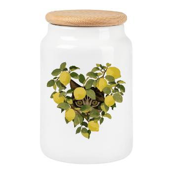 Cœur de chat fait de citrons - Boîte à biscuits avec couvercle en bois - blanc - Devant