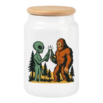 Alien Abduction Bigfoot Loch Ness Funny UFO - Cookie Jar with Wooden Lid - white - Front