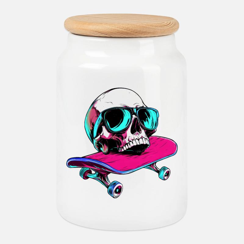 Totenköpfe Skateboard - 1990 - Keksdose mit Holzdeckel - Weiß