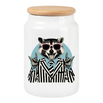 Raton laveur berçant en costume rayé - Boîte à biscuits avec couvercle en bois - blanc - Devant