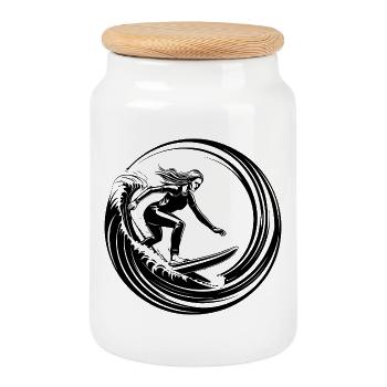 Silhouette de la Femme Surfeuse - Boîte à biscuits avec couvercle en bois - blanc - Devant