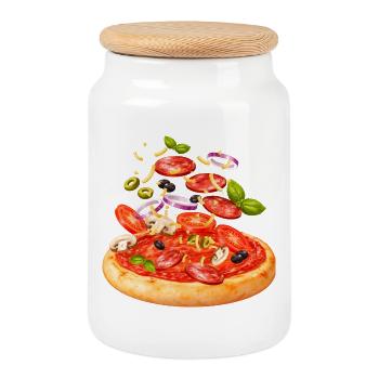 Pizza avec salami et légumes illustration - Boîte à biscuits avec couvercle en bois - blanc - Devant